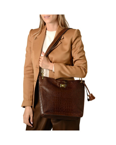 Sac Porté Epaule cuir Façon Croco Kentucky ROMY S Marron