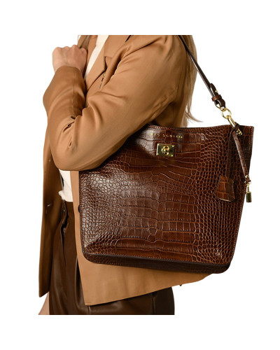 Sac Porté Epaule cuir Façon Croco Kentucky ROMY S Marron