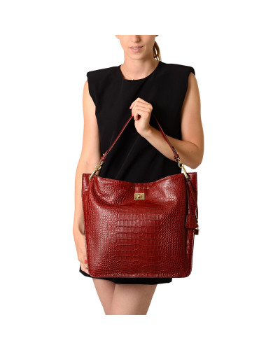 Grand Sac Porté Epaule cuir Façon Croco Kentucky ROMY M Carmin